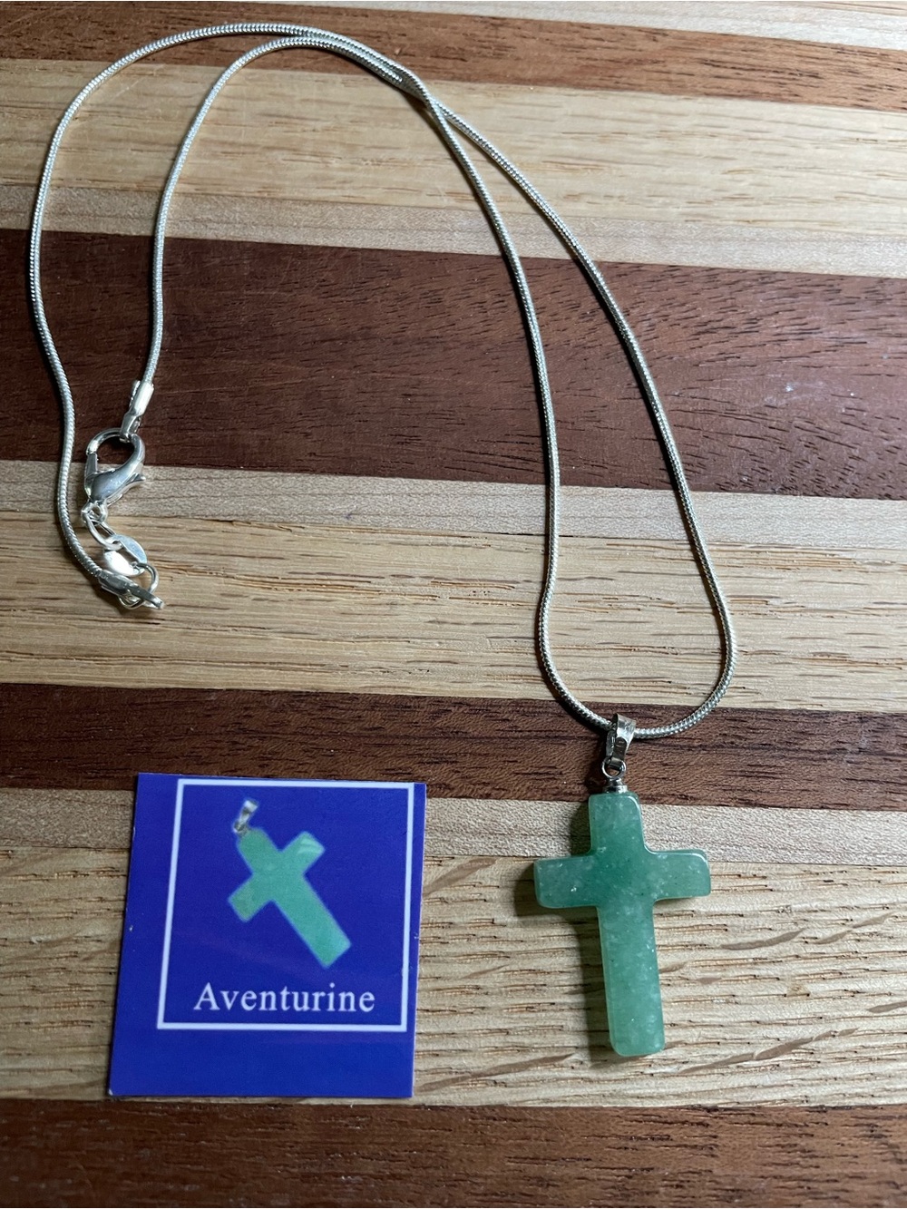 NWOT Natural Stone Cross Aventurine with 16” Silver chain